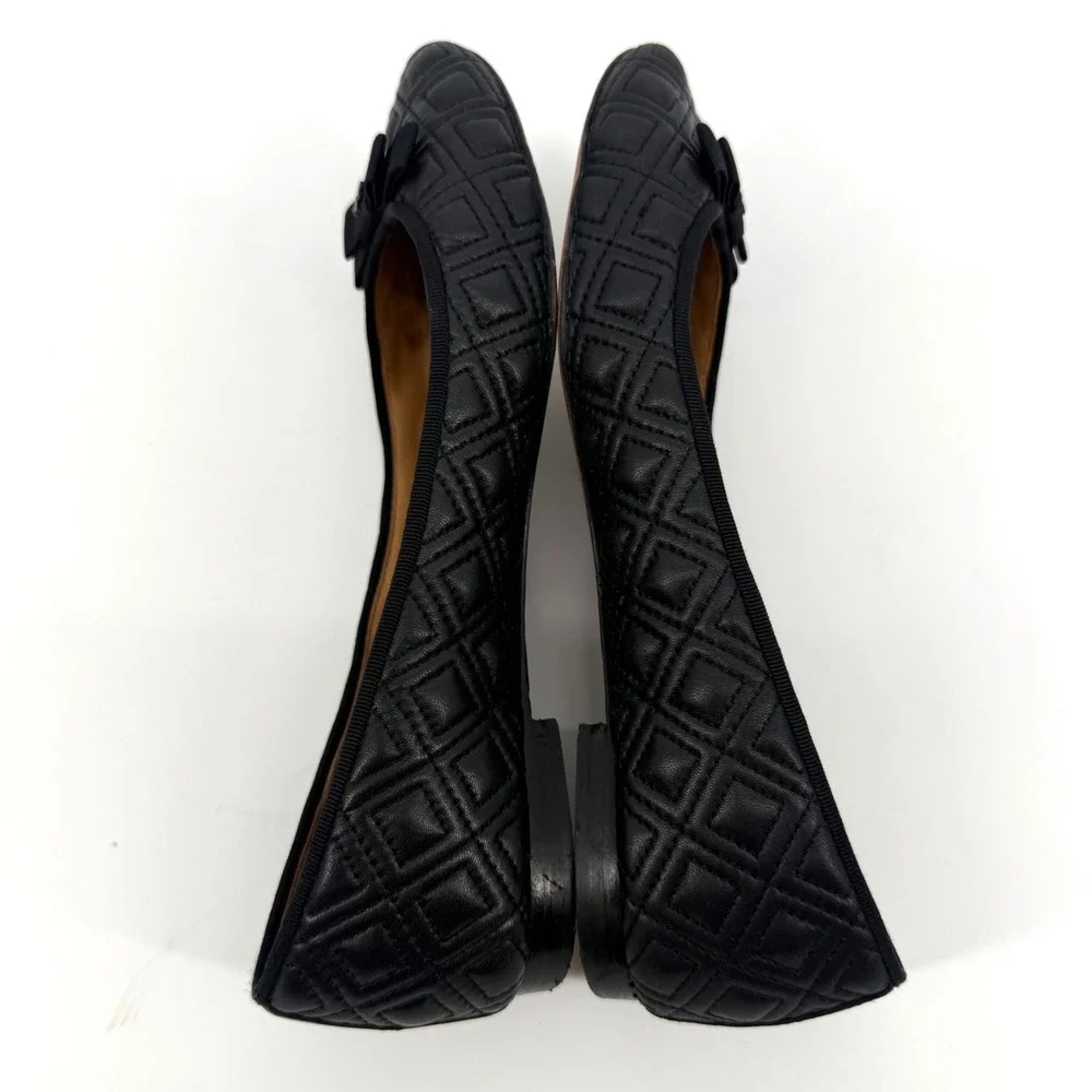 Tory Burch Marion 7.5M Quilted Leather Ballet Flats Bow Black Round Toe Minimal